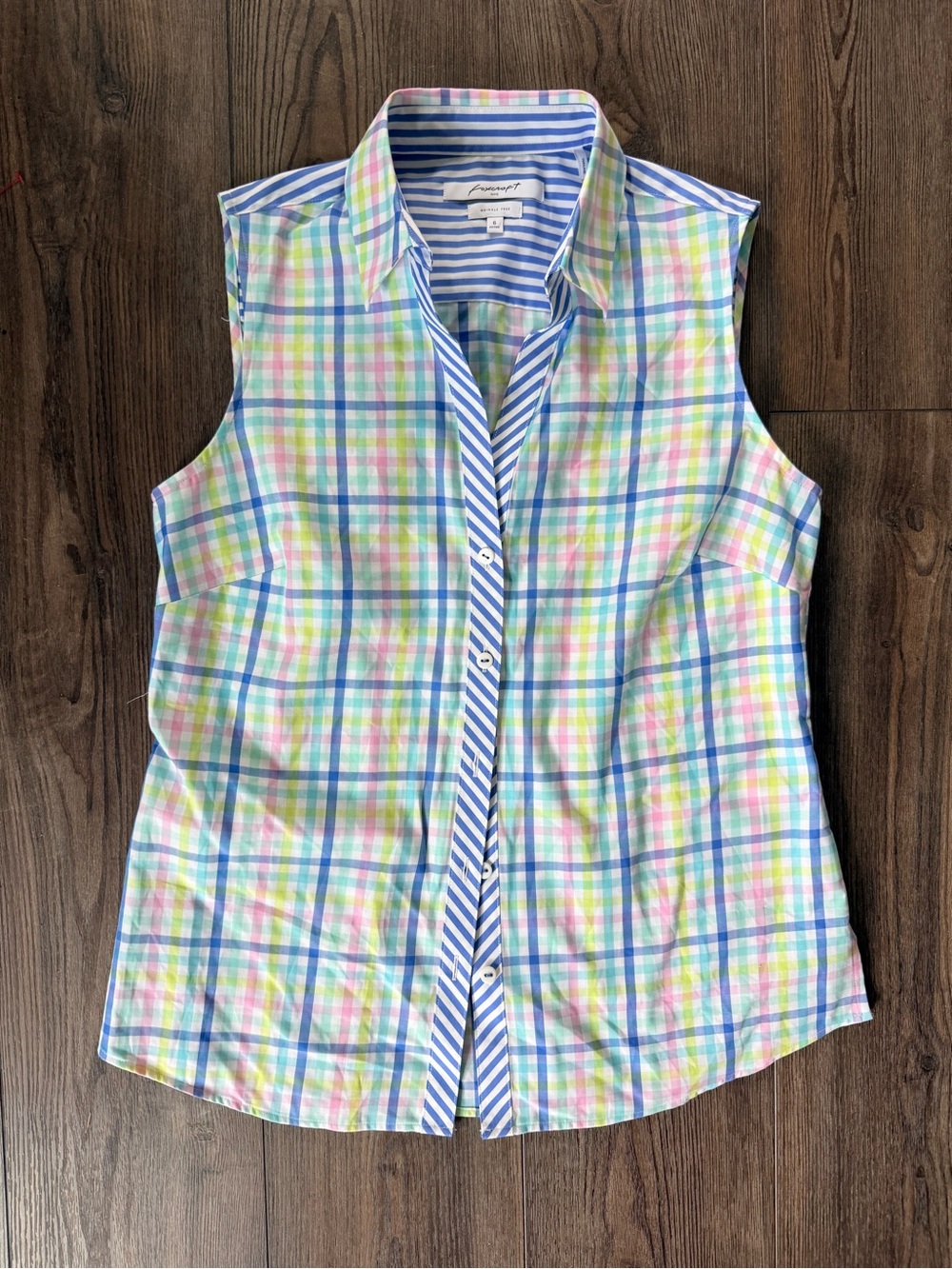 Foxcroft Sleeveless Plaid Button-Down Top in Pastel Blue, Pink, Yellow, Green